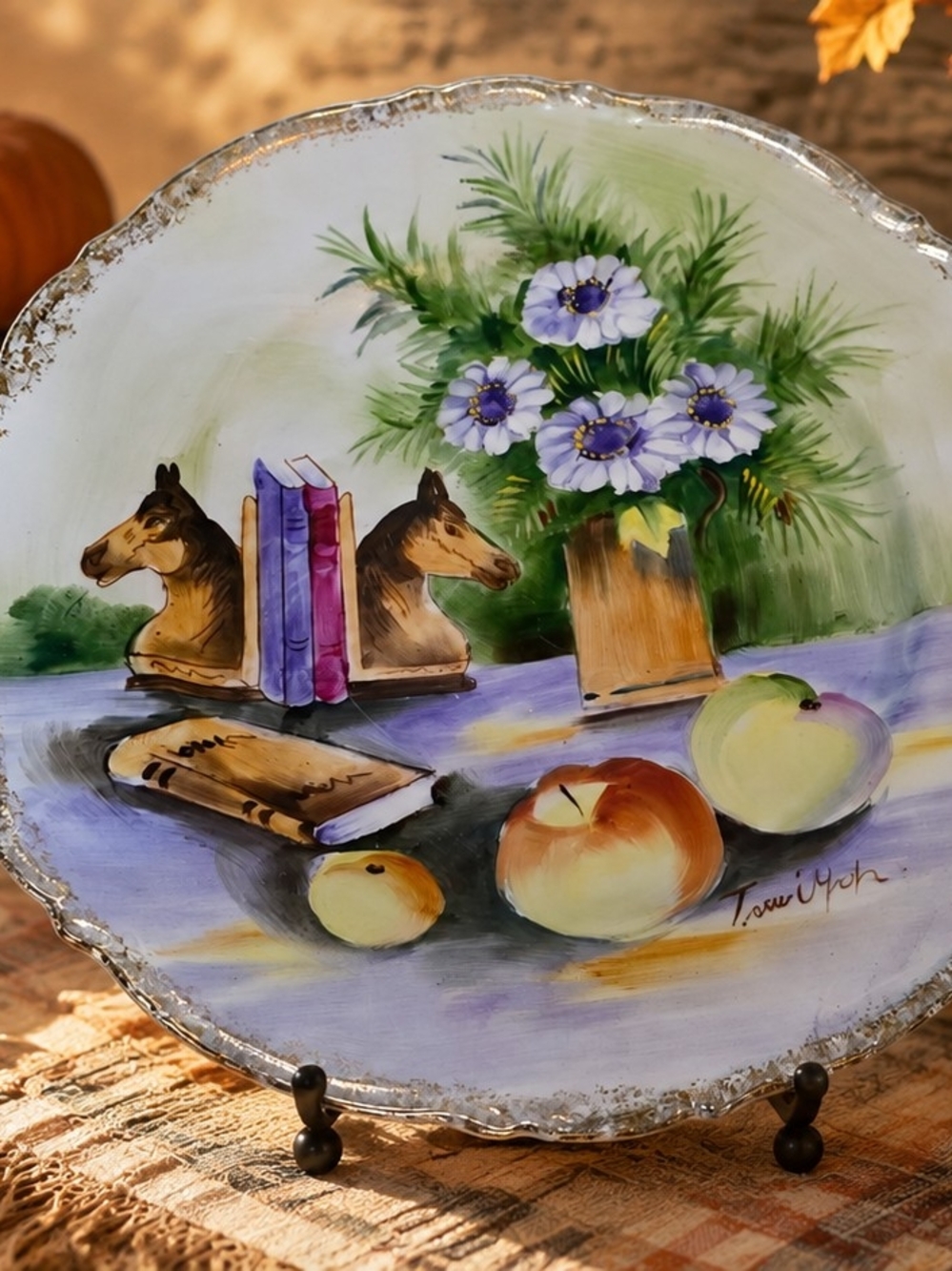 Hand-Painted Decorative Plate with Green & Purple Floral Still Life